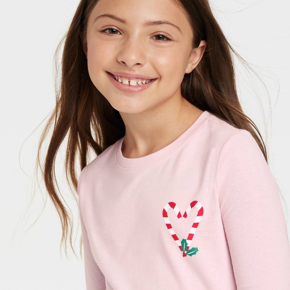 Cat & Jack-Girls' Candy Cane Heart  Long Sleeve Graphic T-Shirt - Soft Pink XS - Picture 3 of 8